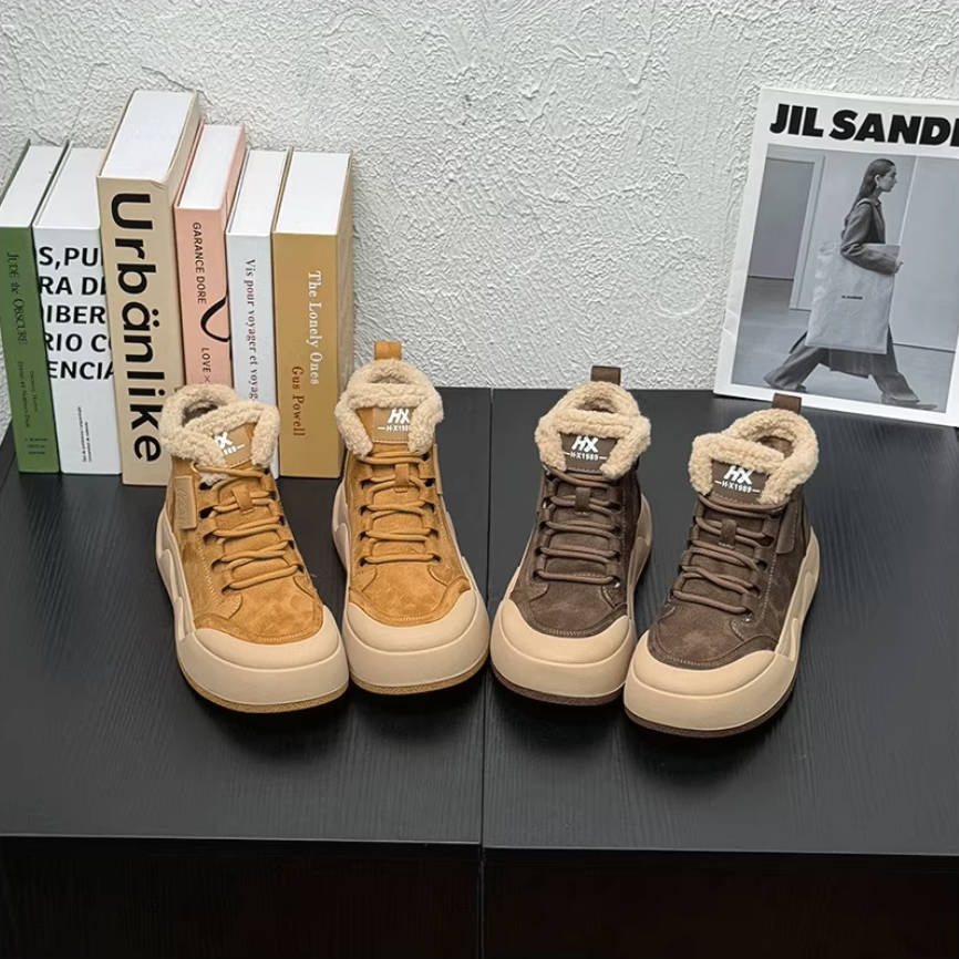 Retro Leather Sueded Thick Sole Platform Warm Plush Ankle Boots