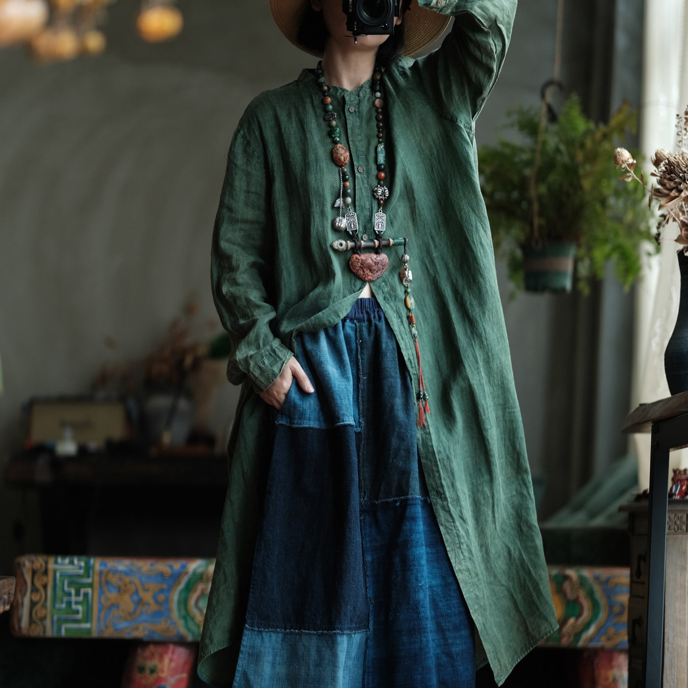 Green Ramie Simple Plus Size Loose Long Shirt