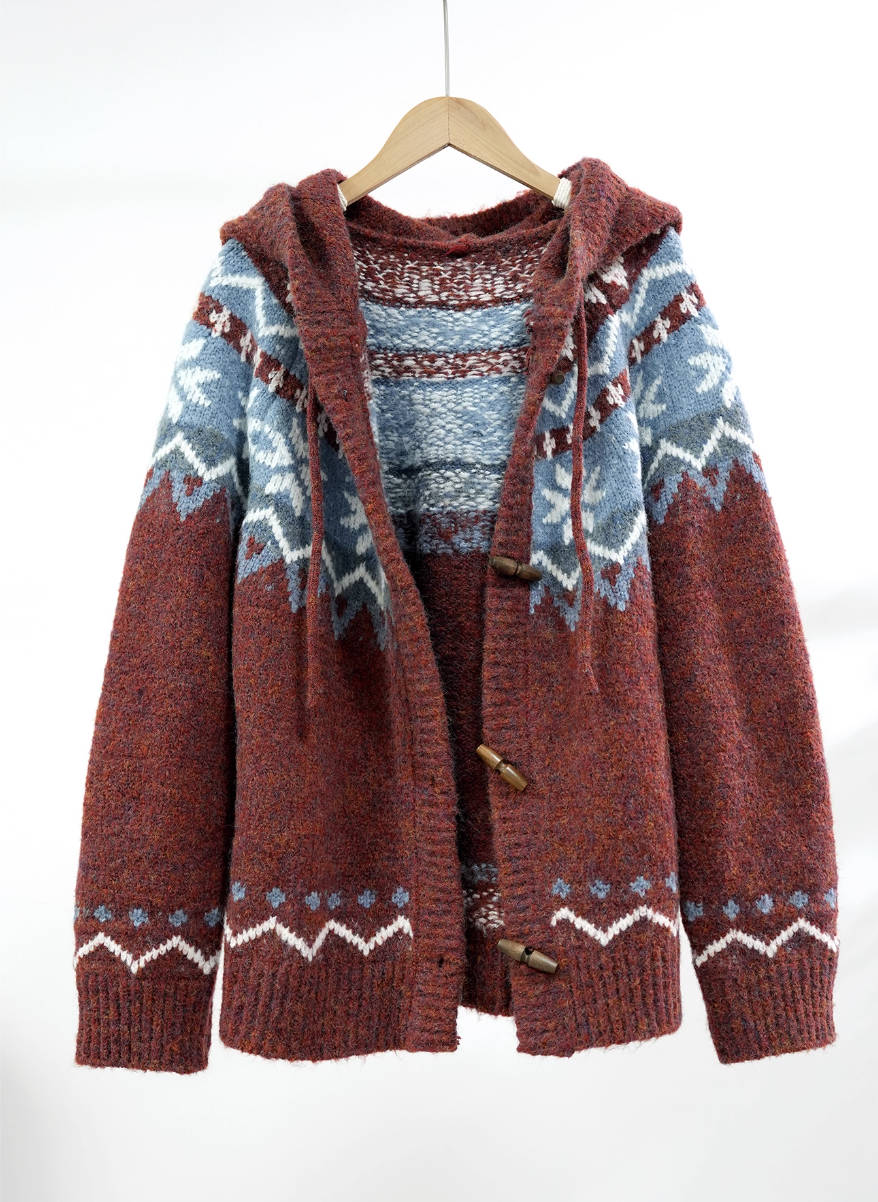 Retro Warm Knitted Jacquard Thick Hoodies Sweater Coat