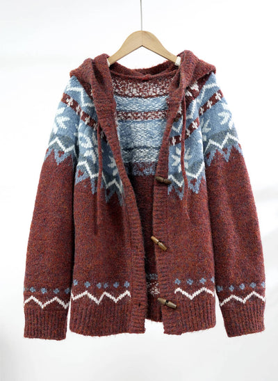 Retro Warm Knitted Jacquard Thick Hoodies Sweater Coat