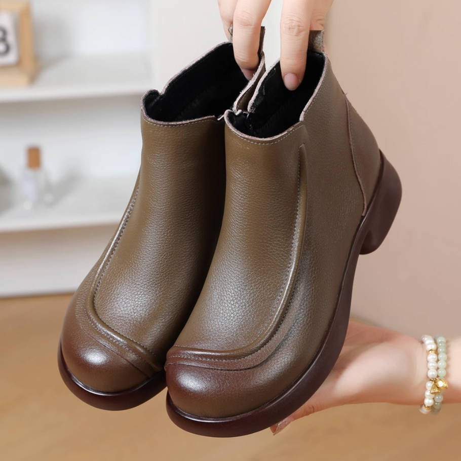 Top Leather Round Toe Soft Sole No-Slip Ankle Boots