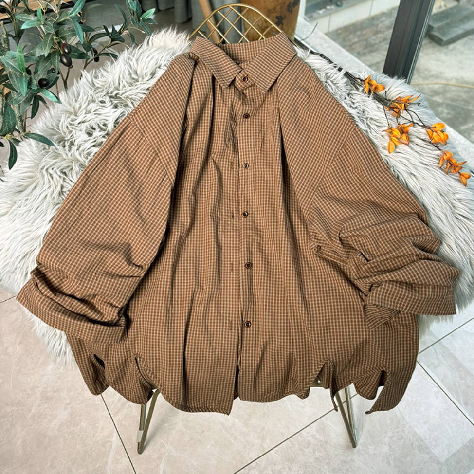 Plus Size Cotton Coffee Plaid Loose Long Sleeves Shirt