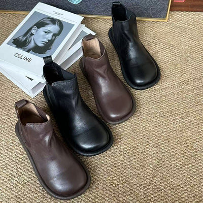Genuine Leather Wide Round Toe Soft Sole Slip-On Boots