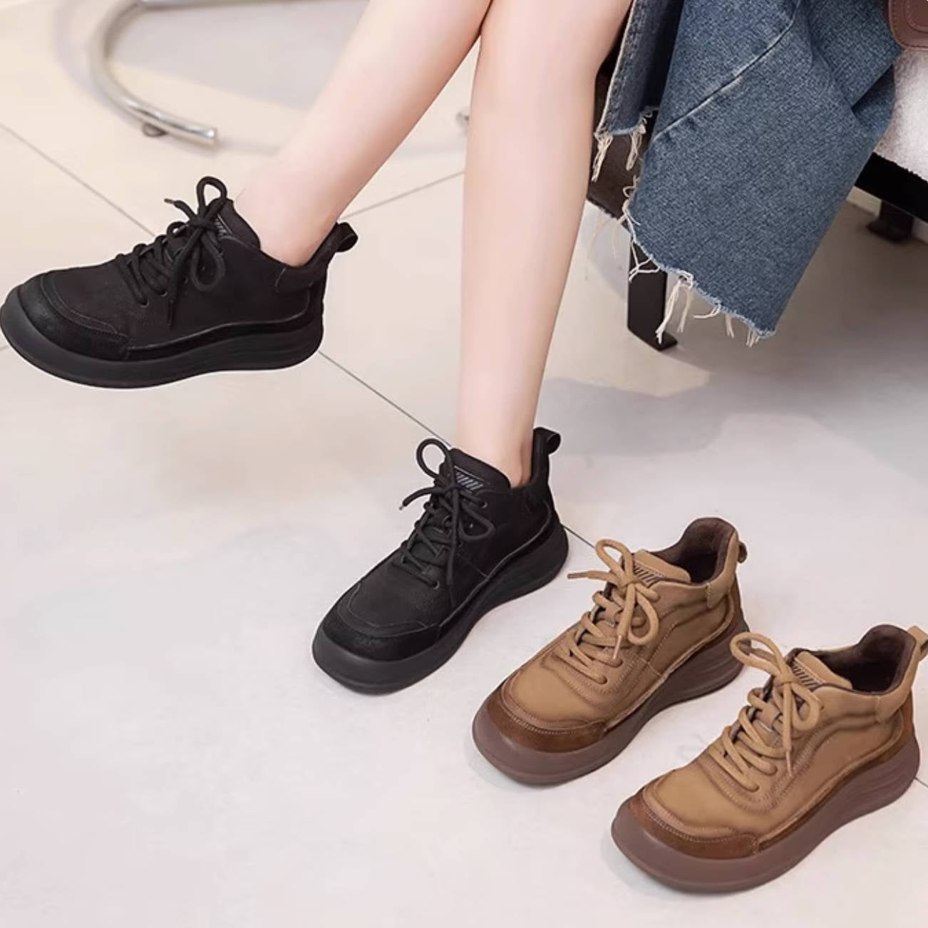 Winter Genuine Leather Soft Flat Sole Wool-In Lace-Up Sneakers