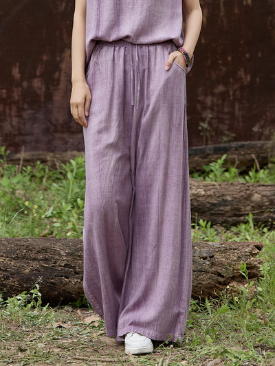 Tie-Dye Linen Comfortable Solid Color Elastic Waist Lace-Up Pants