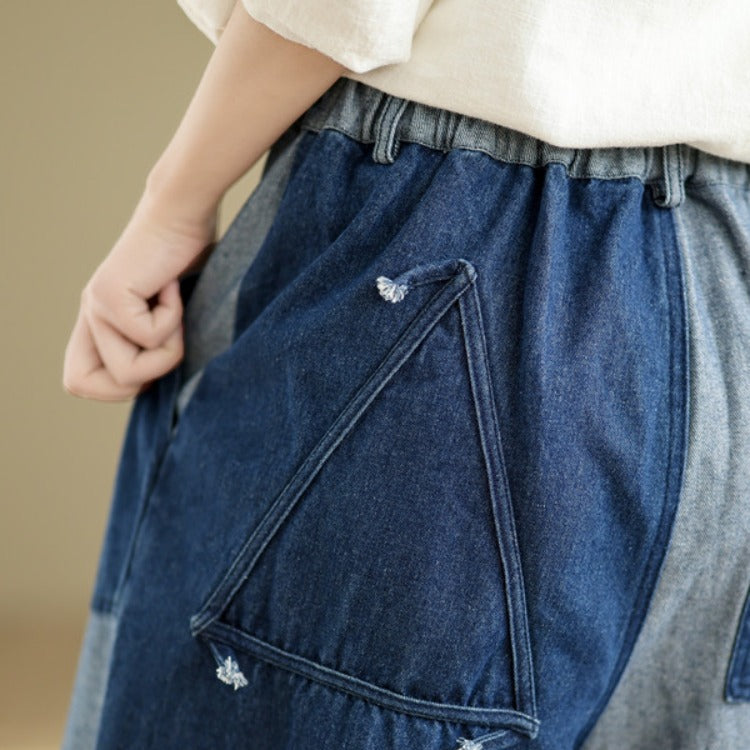 Babakud Women Spring Vintage Patchwork Denim Loose Wide-Leg Pants