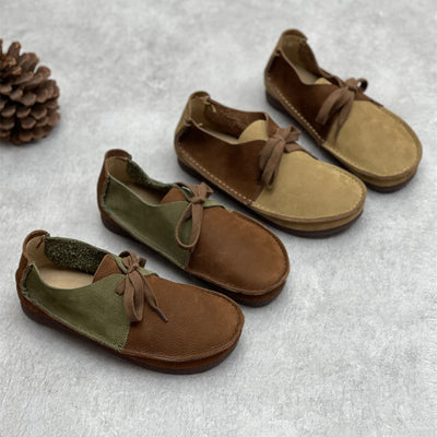 Genuine Leather Sueded Casual Lace-Up Patchwork Flat Shoes