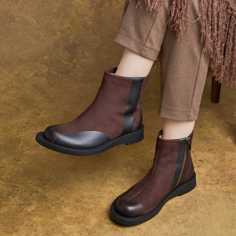 Retro Top Leather Sueded Flat Sole Zipper Ankle Boots