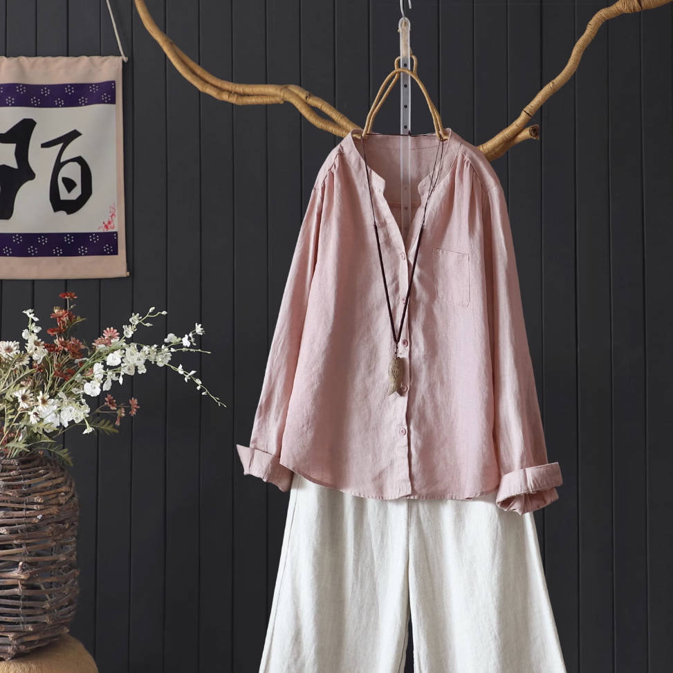 Autumn Linen V-Neck Single-Breasted Long Sleeves Shirt