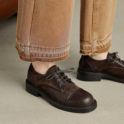 Vintage Elegant Leather Round Toe Sueded Patchwork Lace-Up Shoes