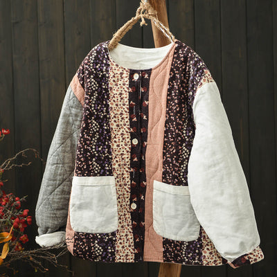 Women Winter Vintage Ethnic Floral Patchwork Quilted Cotton-Linen Jacket