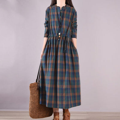Women Cotton Linen Plus Size Plaid Stand Collar A-Line Dress