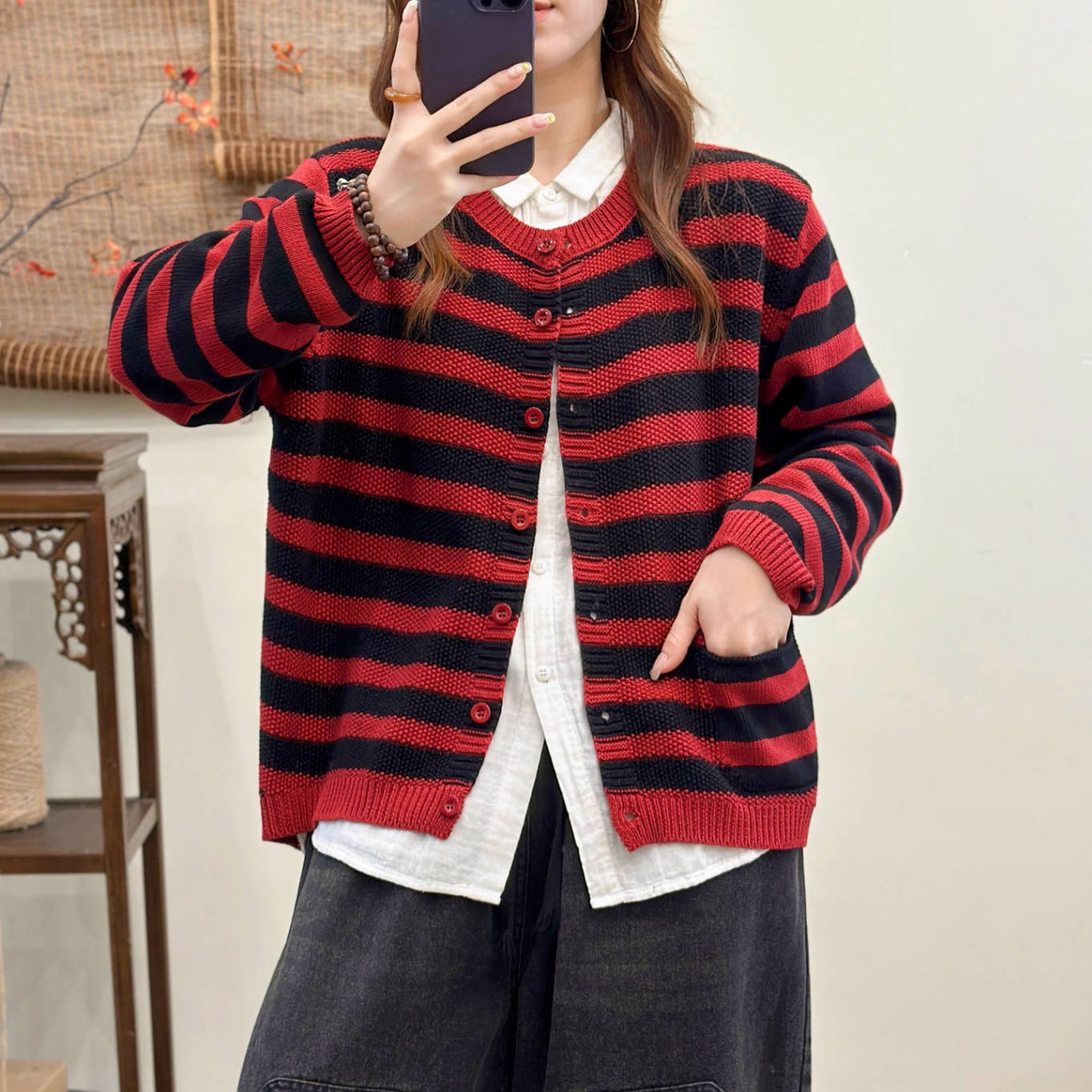 Vintage Autumn Cotton Striped Round Neck Versatile Cardigan