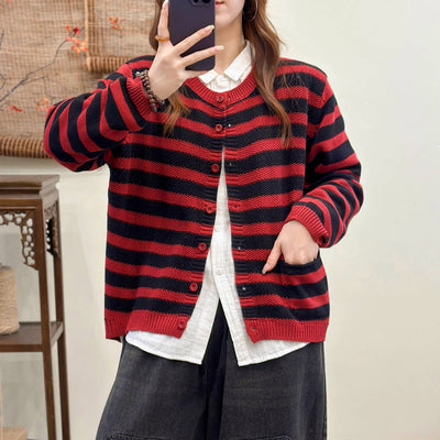 Vintage Autumn Cotton Striped Round Neck Versatile Cardigan