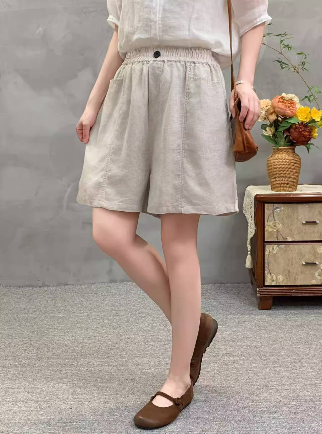 Summer Retro Ramie Comfortable High Elastic Waist Shorts