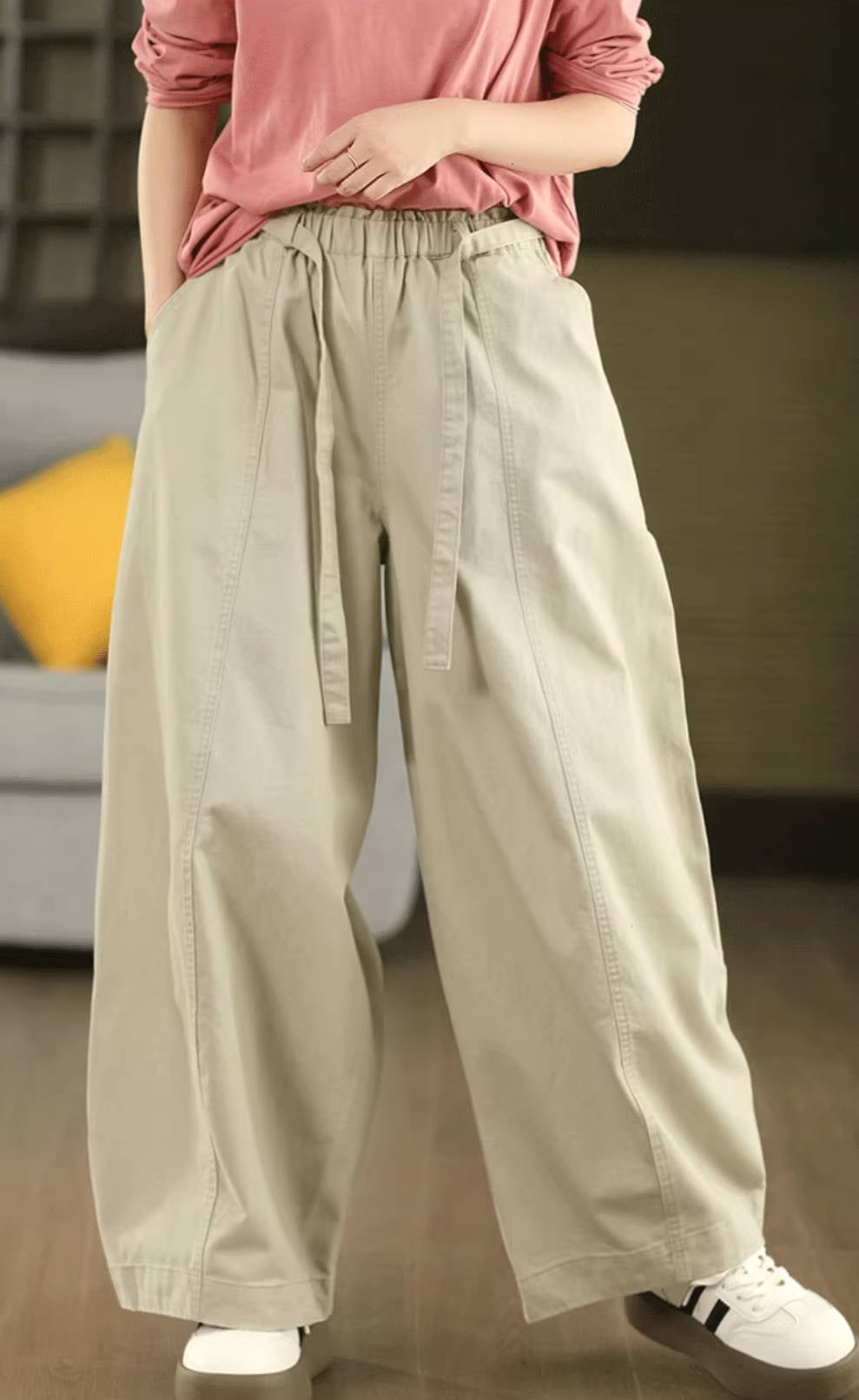 Retro Cotton Casual Solid Color Elastic Waist Wide Leg Pants