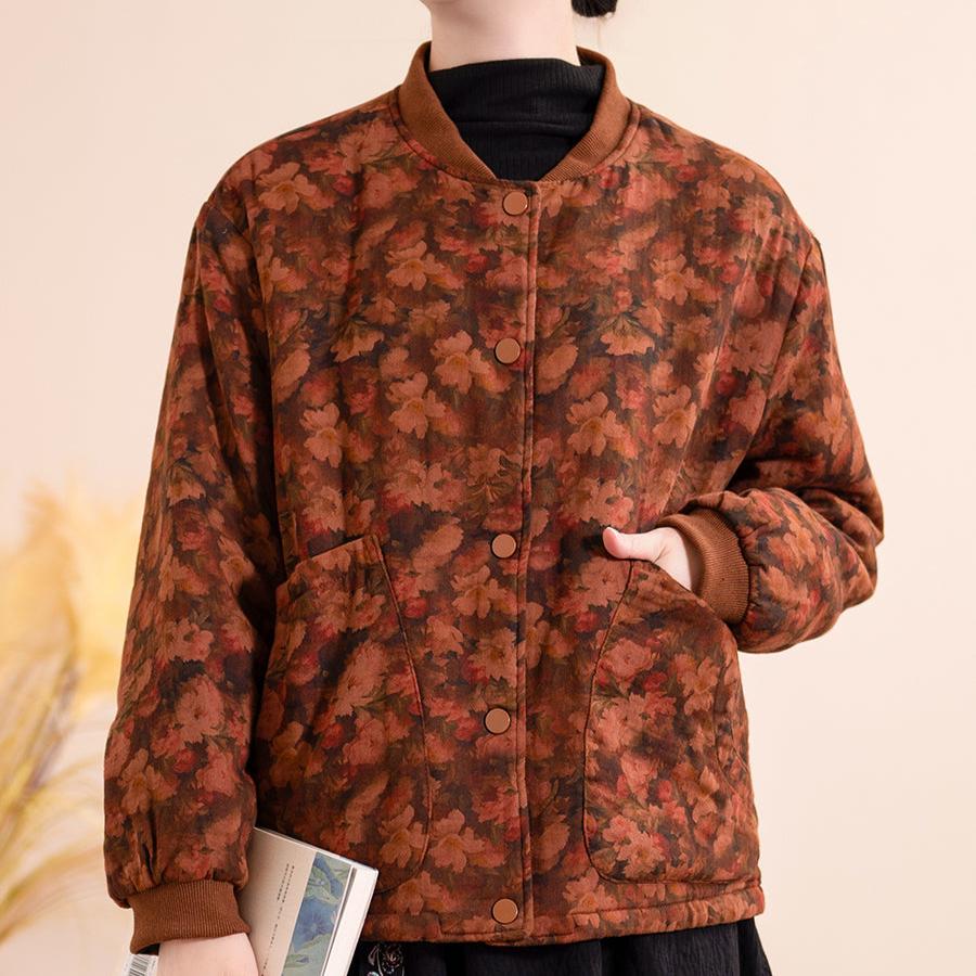 Women Winter Trendy Vintage Floral Cotton Bomber Jacket