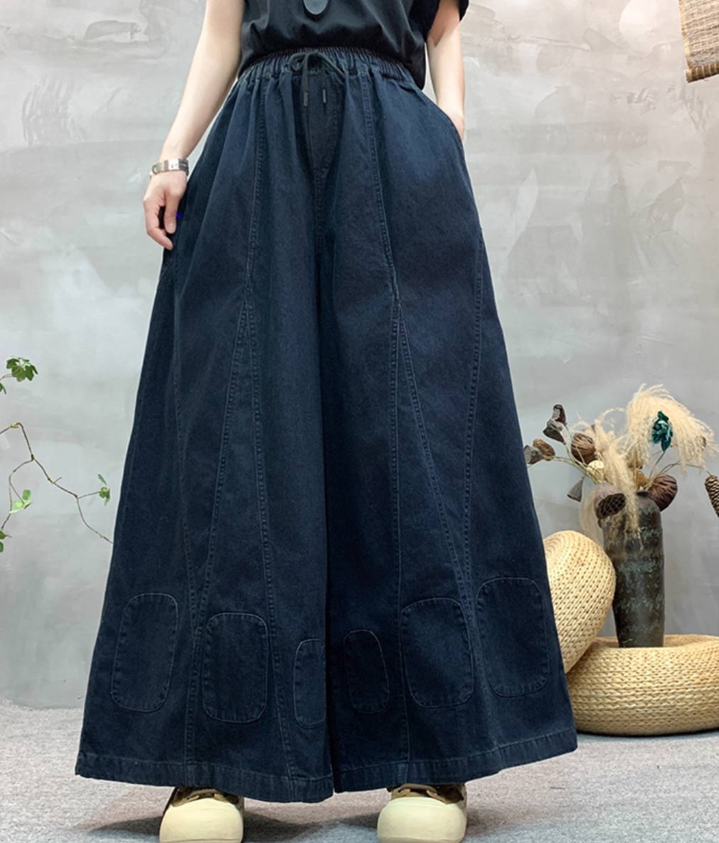 Retro Autumn Denim Loose Wide Leg Patchwork Jeans