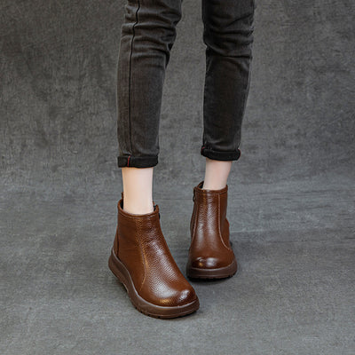 Winter Retro Leather Round Toe Wool-Lined Zipper Ankle Boots