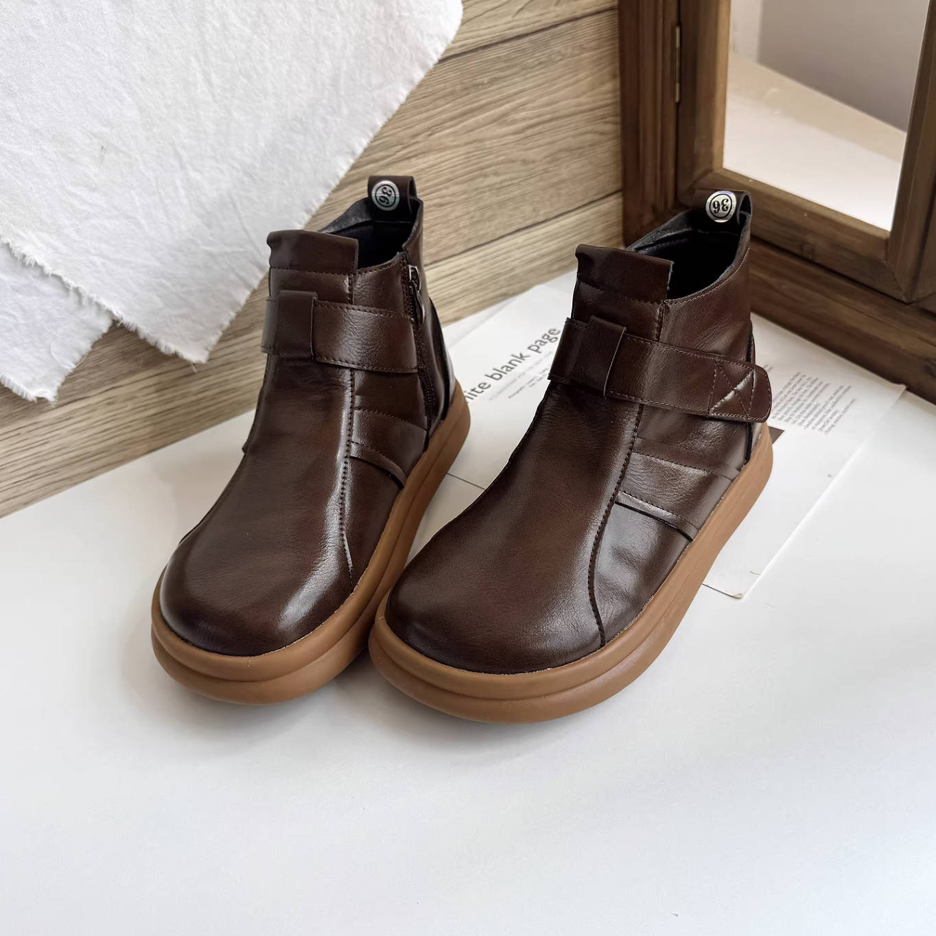 Retro Soft Leather Flat Sole Velcro Casual Round Toe Ankle Boots