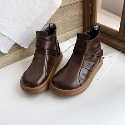 Retro Soft Leather Flat Sole Velcro Casual Round Toe Ankle Boots