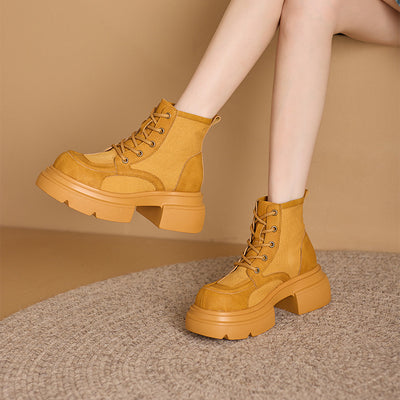 Sueded Leather Patchwork Round Toe Platform Lace-Up Ankle Boots