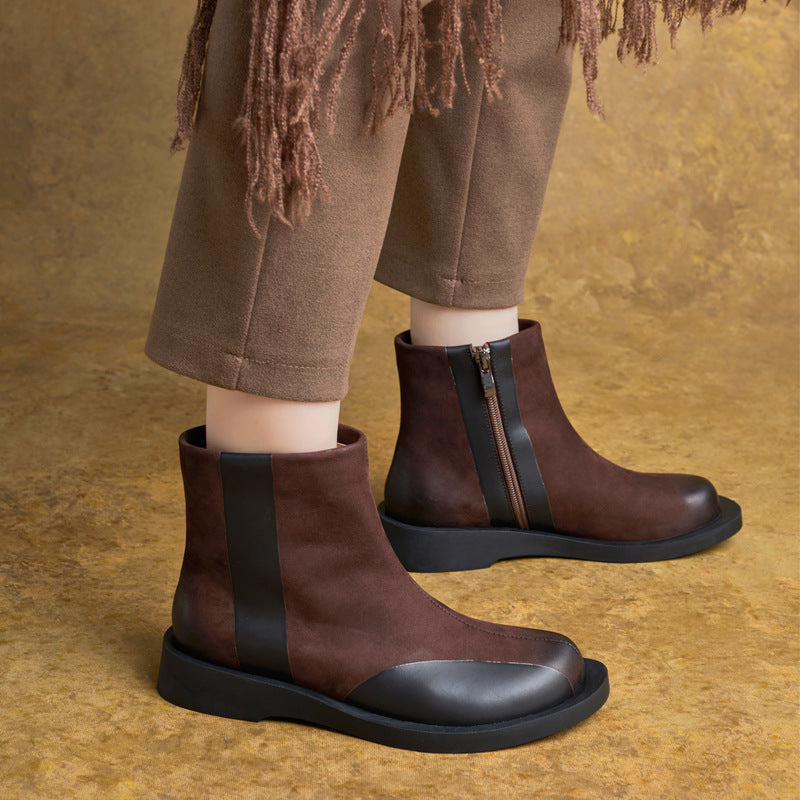 Retro Top Leather Sueded Flat Sole Zipper Ankle Boots