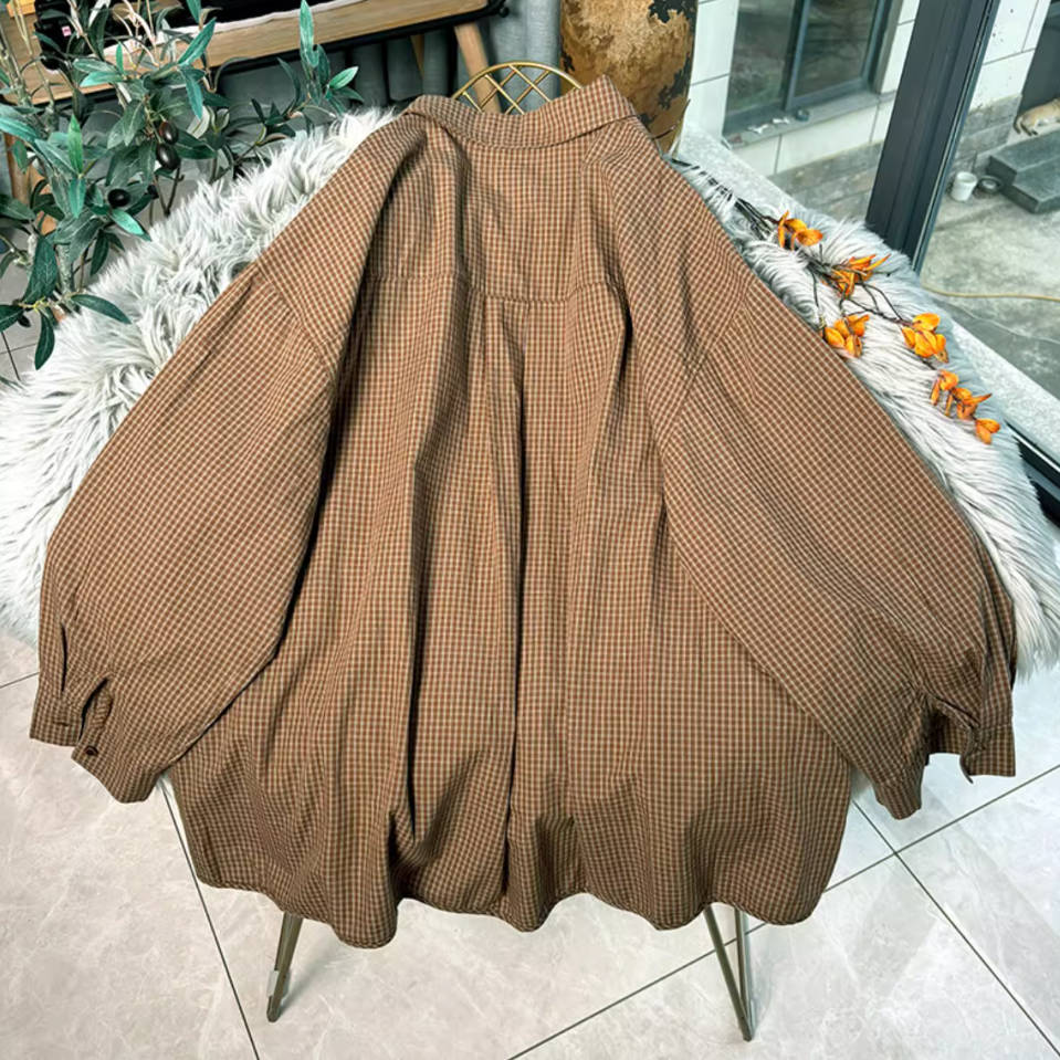 Plus Size Cotton Coffee Plaid Loose Long Sleeves Shirt