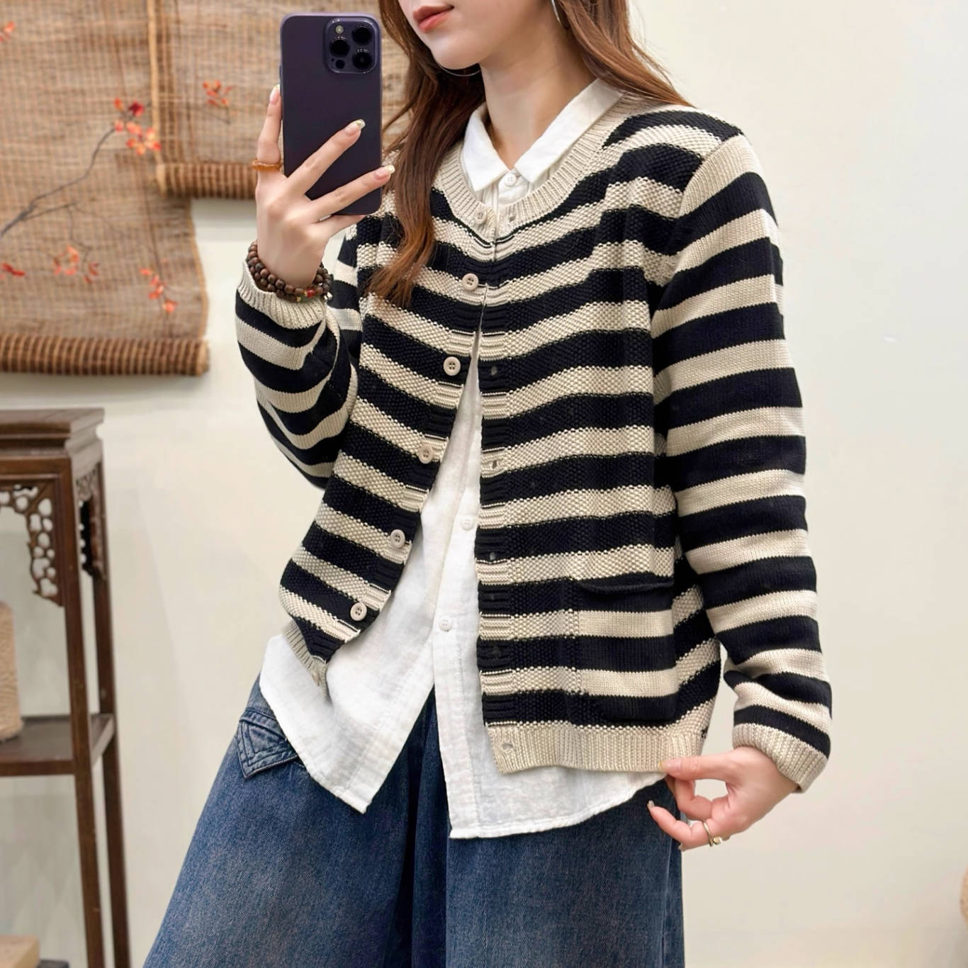 Vintage Autumn Cotton Striped Round Neck Versatile Cardigan
