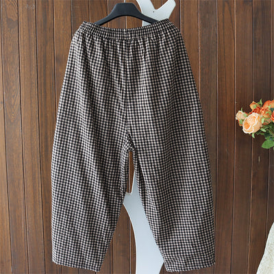 Women Winter Vintage Quilted Plaid Warm Cotton Harem Pants