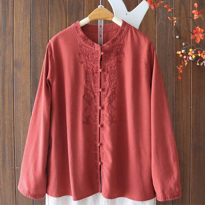 Autumn Retro Round Neck Embroidered Loose Long Sleeves Shirts