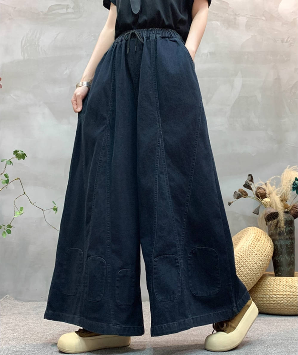 Retro Autumn Denim Loose Wide Leg Patchwork Jeans