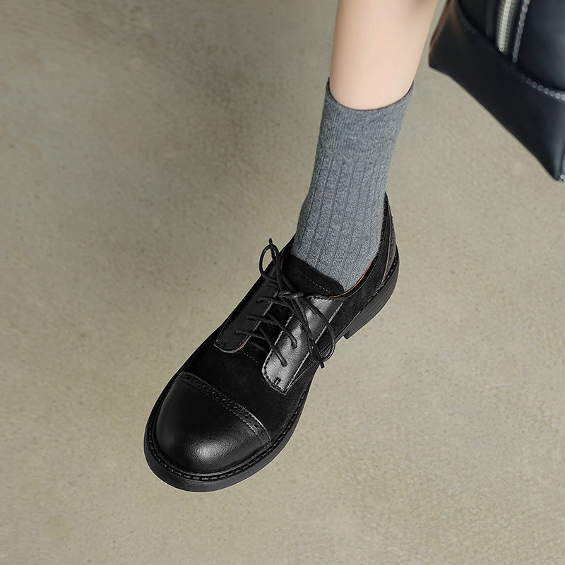 Vintage Elegant Leather Round Toe Sueded Patchwork Lace-Up Shoes