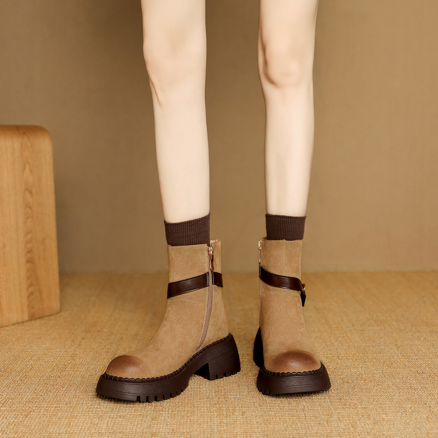 Leather Platform Fur Lined Vintage Belt Buckle Zipper Ankle Boots