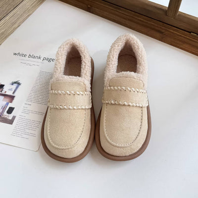 Warm Sueded Shallow Round Wide Toe Fleece-Lined Flat Shoes