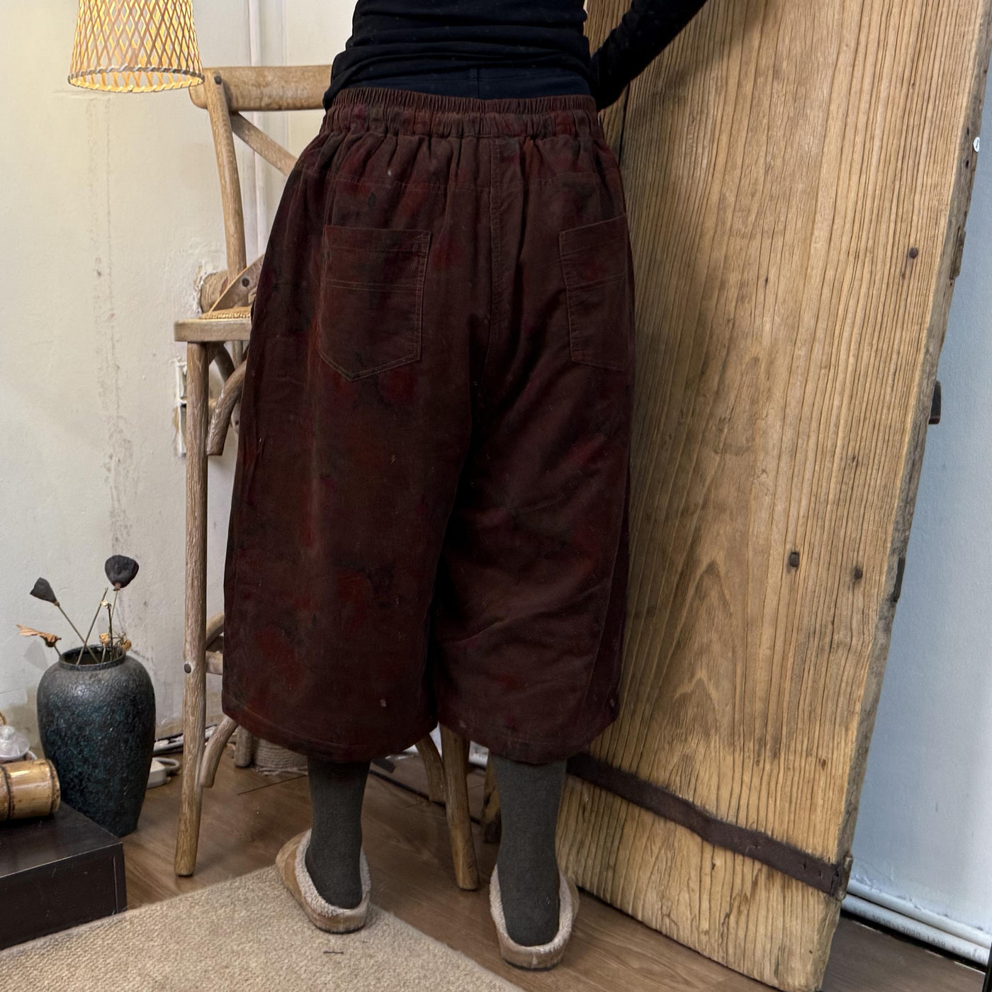 Women Winter Vintage Casual Corduroy Printed Straight Pants with Large Pockets