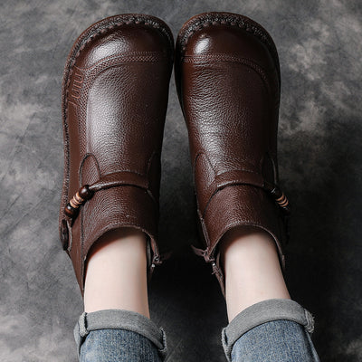 Top Leather Round Toe Casual Soft Sole Zipper Plush Ankle Boots