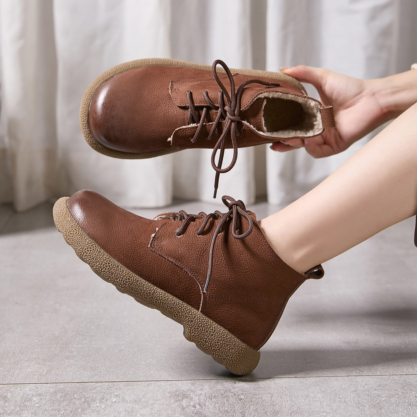 Classic Autumn Leather Round Toe Cotton-In Ankle Boots