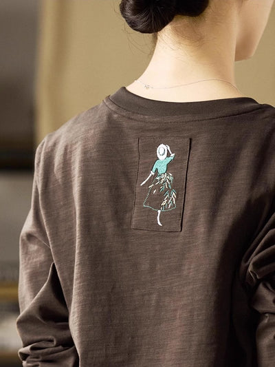 100% Bamboo Cotton Round Neck Soft Embroidered Loose Coffee Overshirt