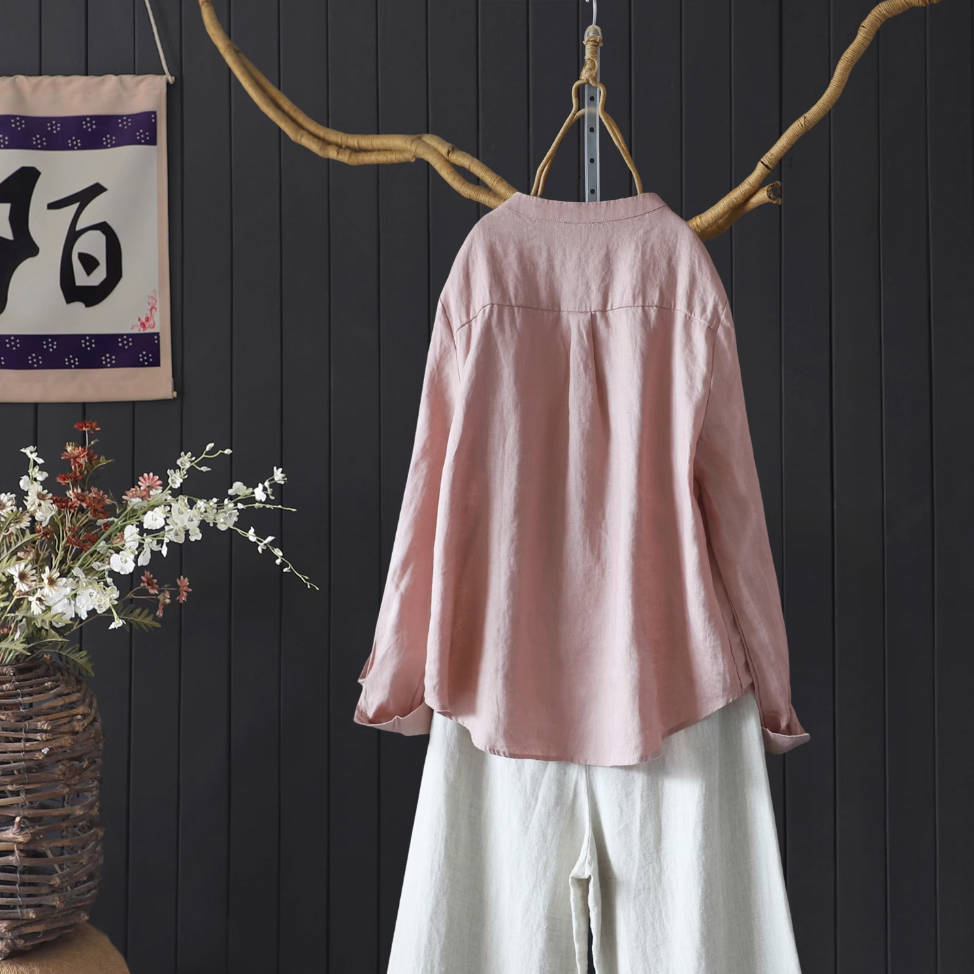 Autumn Linen V-Neck Single-Breasted Long Sleeves Shirt