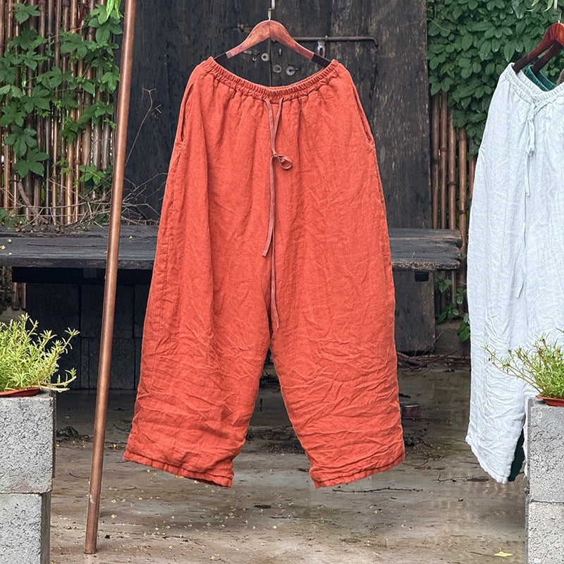 Retro Linen Washed Solid Color Cotton-In Solid Color Warm Pants