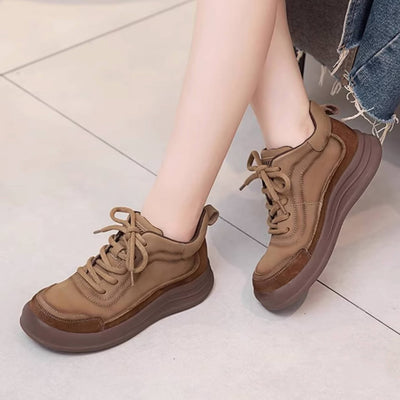 Winter Genuine Leather Soft Flat Sole Wool-In Lace-Up Sneakers