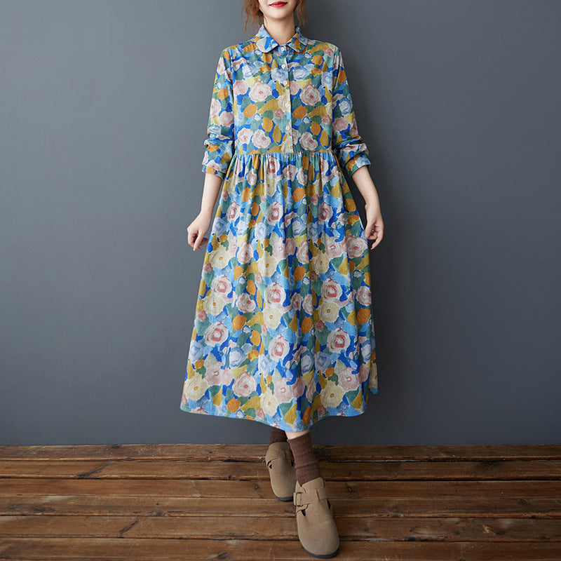 Babakud Women Spring Retro Colorful Floral Corduroy Long Dress