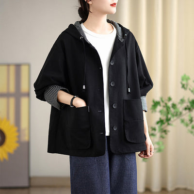 Plaid Patchwork Hooded Windbreaker Long Sleeve Loose Coat