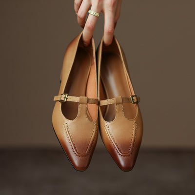 Elegant Leather Pointed Toe One Straped Chunky Shoes