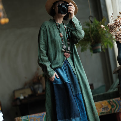 Green Ramie Simple Plus Size Loose Long Shirt
