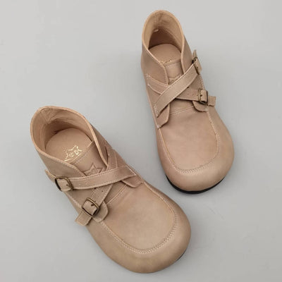 Vintage Leather Wide Toe Soft Flat Sole Crossing Straped Ankle Boots