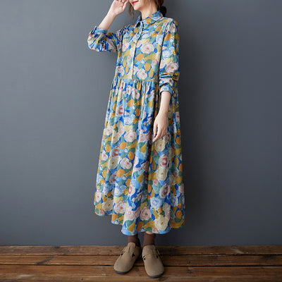 Babakud Women Spring Retro Colorful Floral Corduroy Long Dress