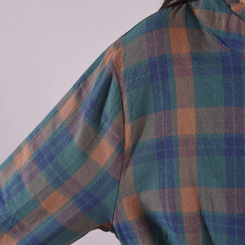 Women Cotton Linen Plus Size Plaid Stand Collar A-Line Dress