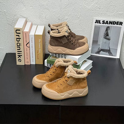 Retro Leather Sueded Thick Sole Platform Warm Plush Ankle Boots